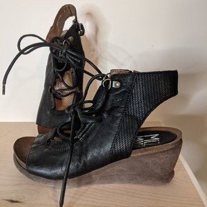 Miz Mooz Satine Black and Brown Cork Wedge Lace Up Sandals